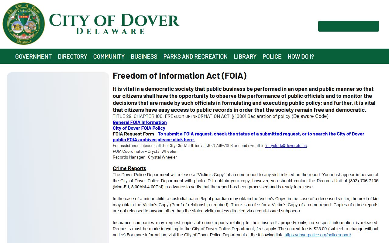 City of Dover FOIA page for Dover jail roster records