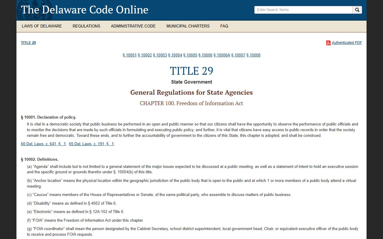 Delaware FOIA statutes that govern Delaware jail roster access
