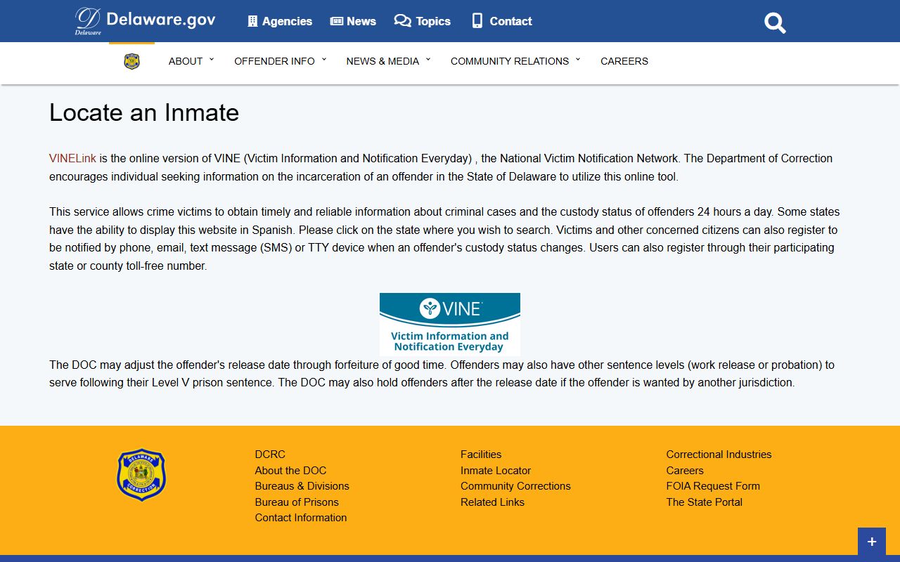 Delaware DOC inmate locator gateway for jail roster search