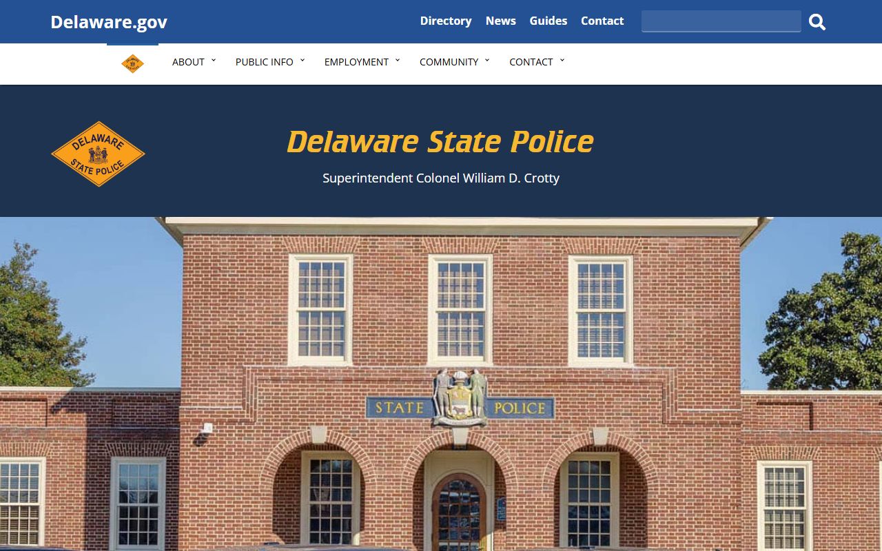 Delaware State Police website with links tied to Delaware jail roster data